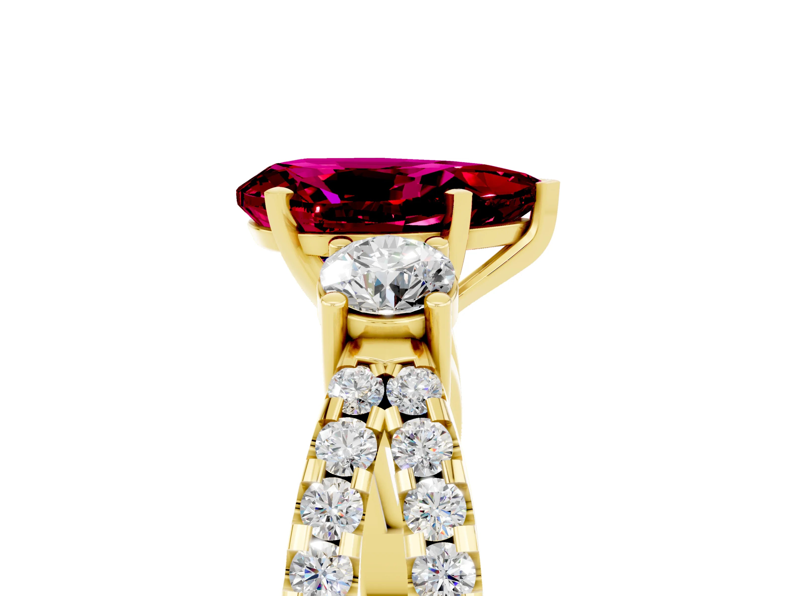 Yellow gold Pear Cut Garnet Three-Stone Ring with Pavé Split Shank and Four-Prong Setting_17