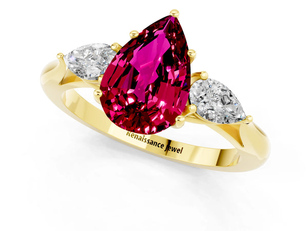 Yellow gold Pear Cut Garnet Three-Stone Ring with Pear  Side Stones and Prong Setting