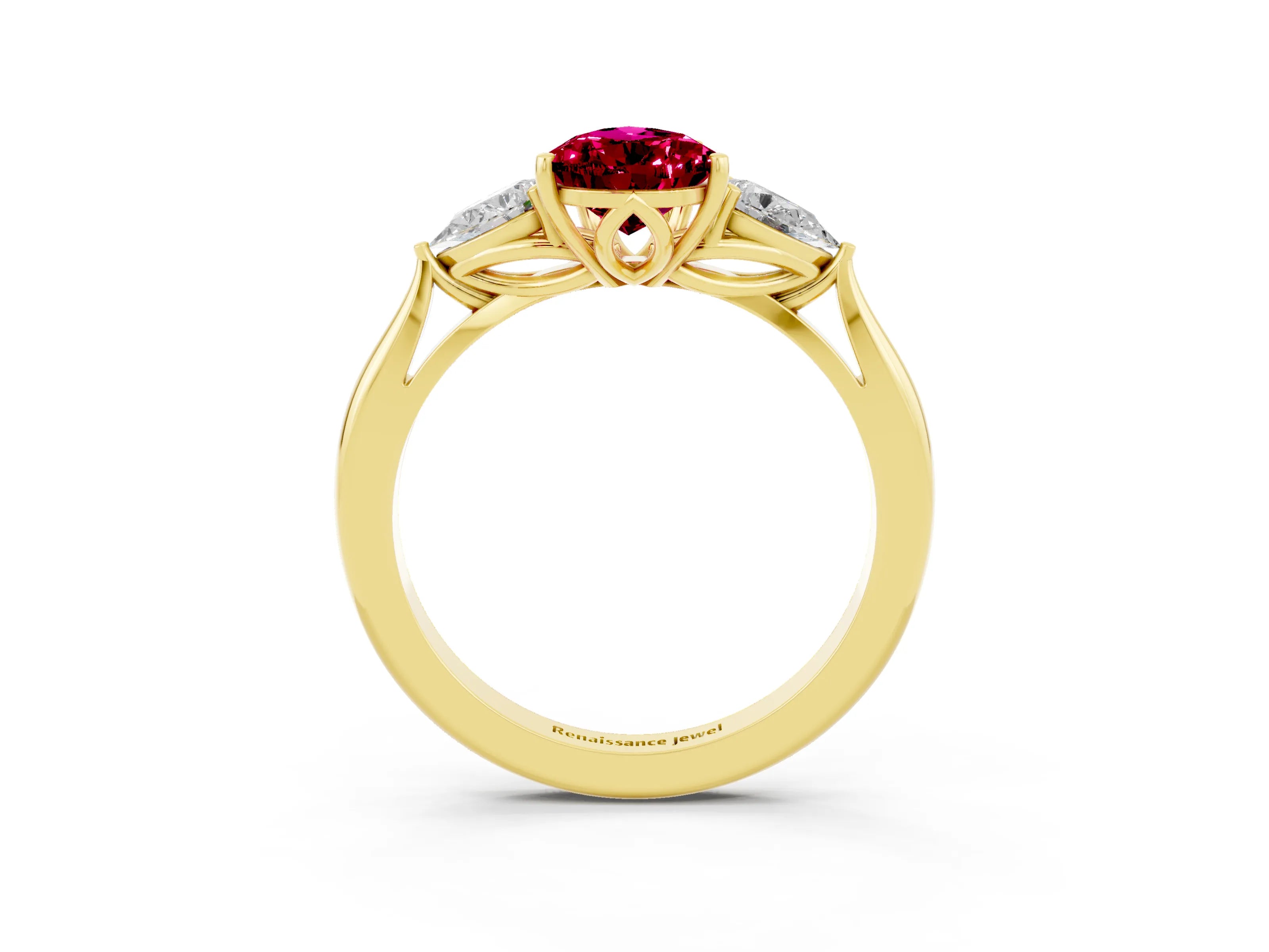 Yellow gold Pear Cut Garnet Three-Stone Ring with Pear Side Stones and Four-Prong Setting_15