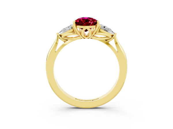 Yellow gold Pear Cut Garnet Three-Stone Ring with Pear  Side Stones and Prong Setting