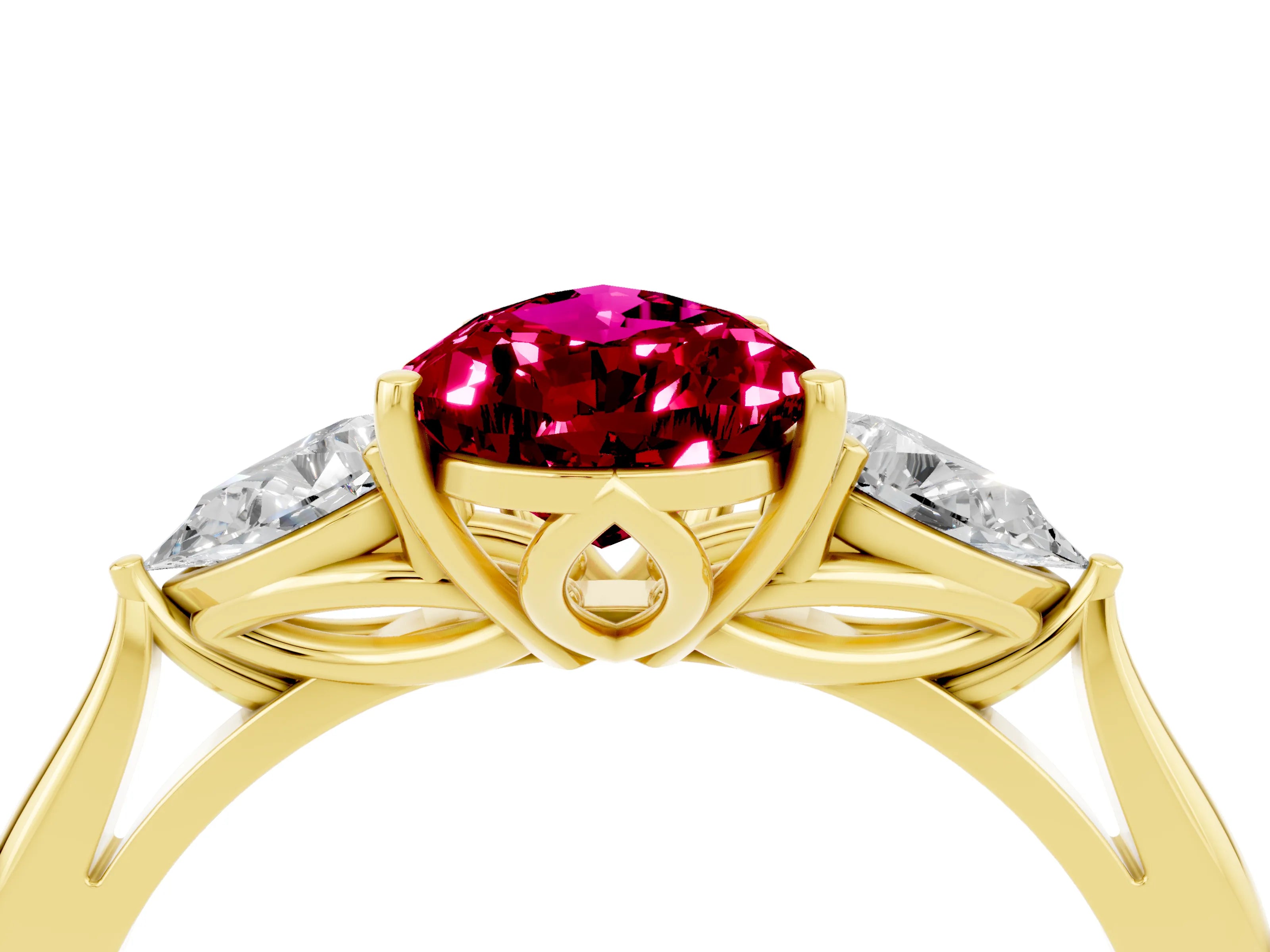 Yellow gold Pear Cut Garnet Three-Stone Ring with Pear Side Stones and Four-Prong Setting_16