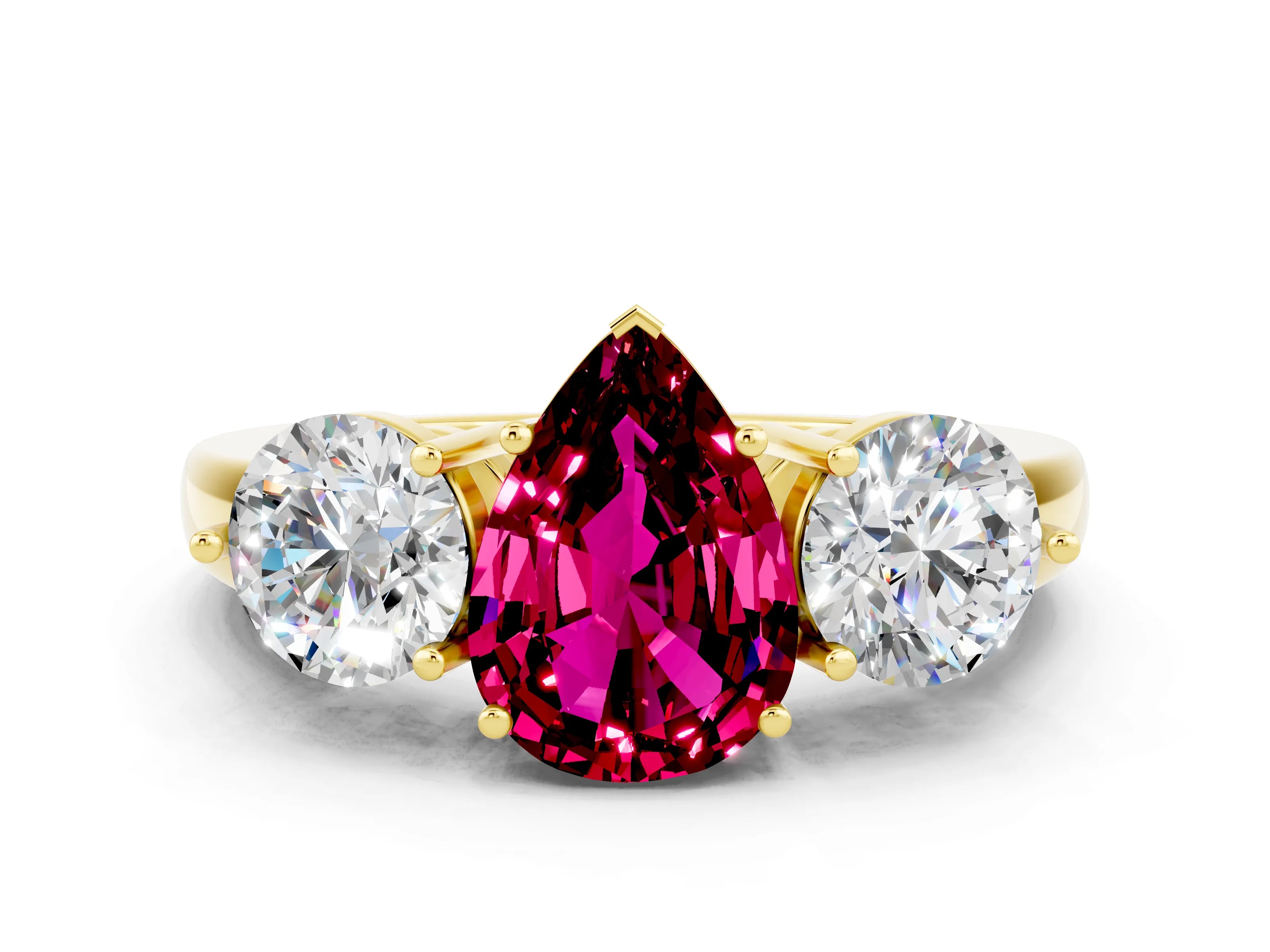 Yellow gold Pear Cut Garnet Three-Stone Ring with Prong Setting and Classic Band