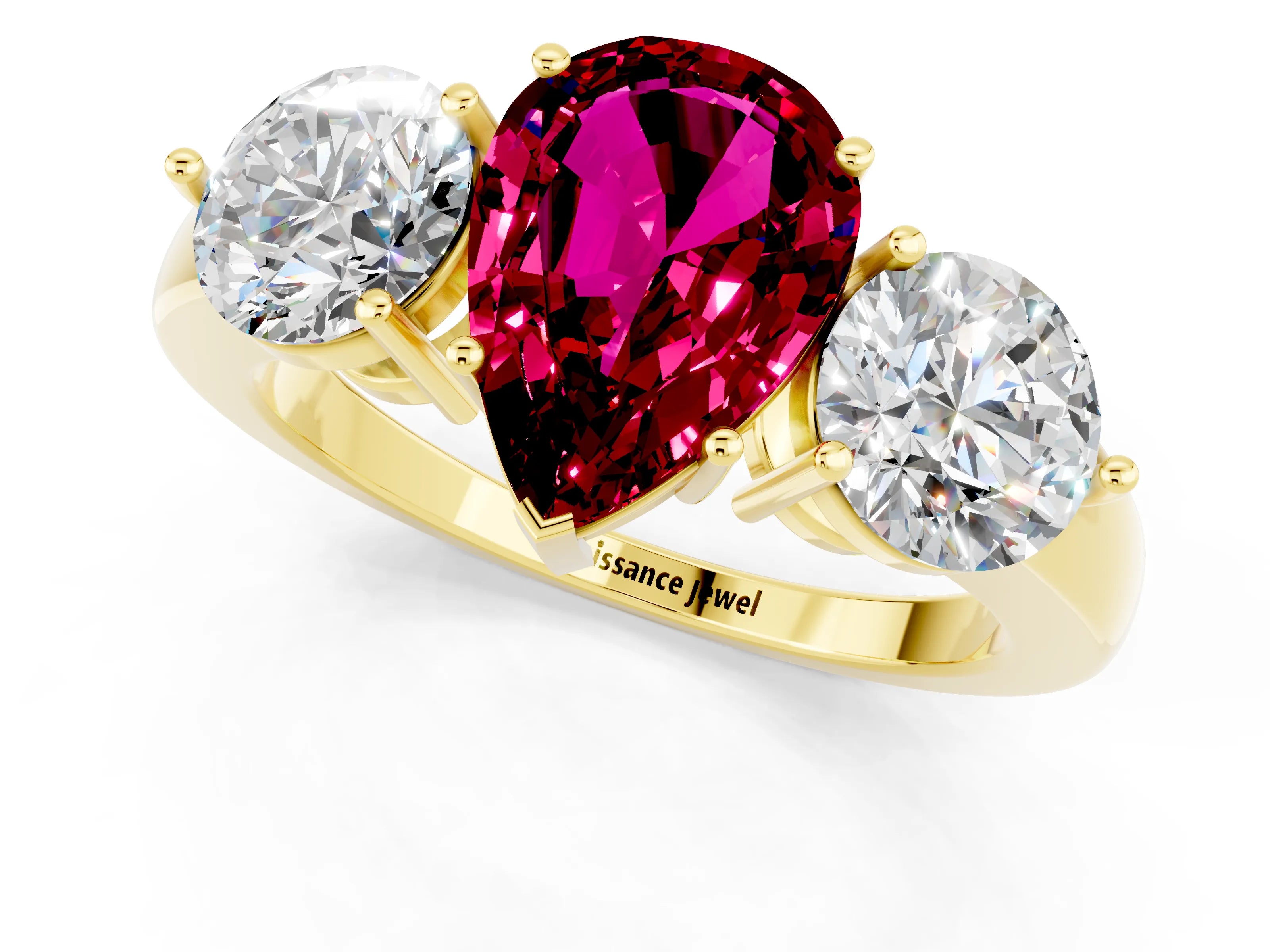 Yellow gold Pear Cut Garnet Three-Stone Ring with Prong Setting and Classic Band_1