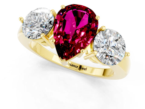 Yellow gold Pear Cut Garnet Three-Stone Ring with Prong Setting and Classic Band_1