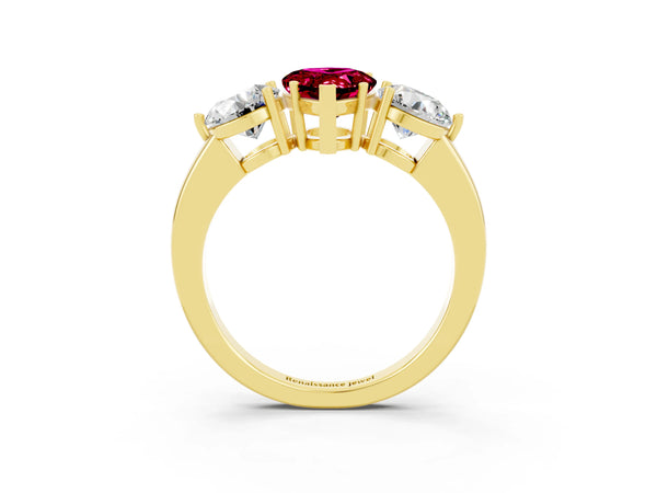Yellow gold Pear Cut Garnet Three-Stone Ring with Prong Setting and Classic Band