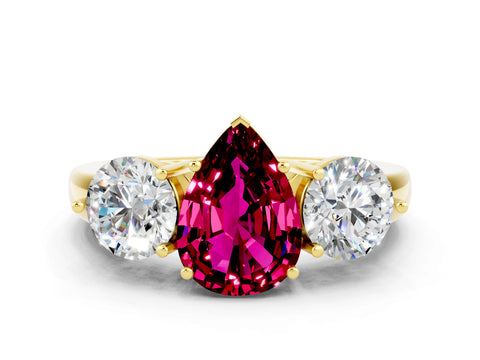 Yellow gold Pear Cut Garnet Three-Stone Ring with Prong Setting and Classic Band