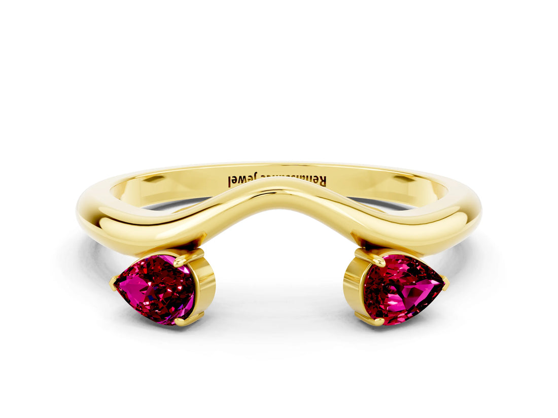 Yellow gold Pear Cut Garnet Two-Stone Open Band Ring with Prong Setting_6