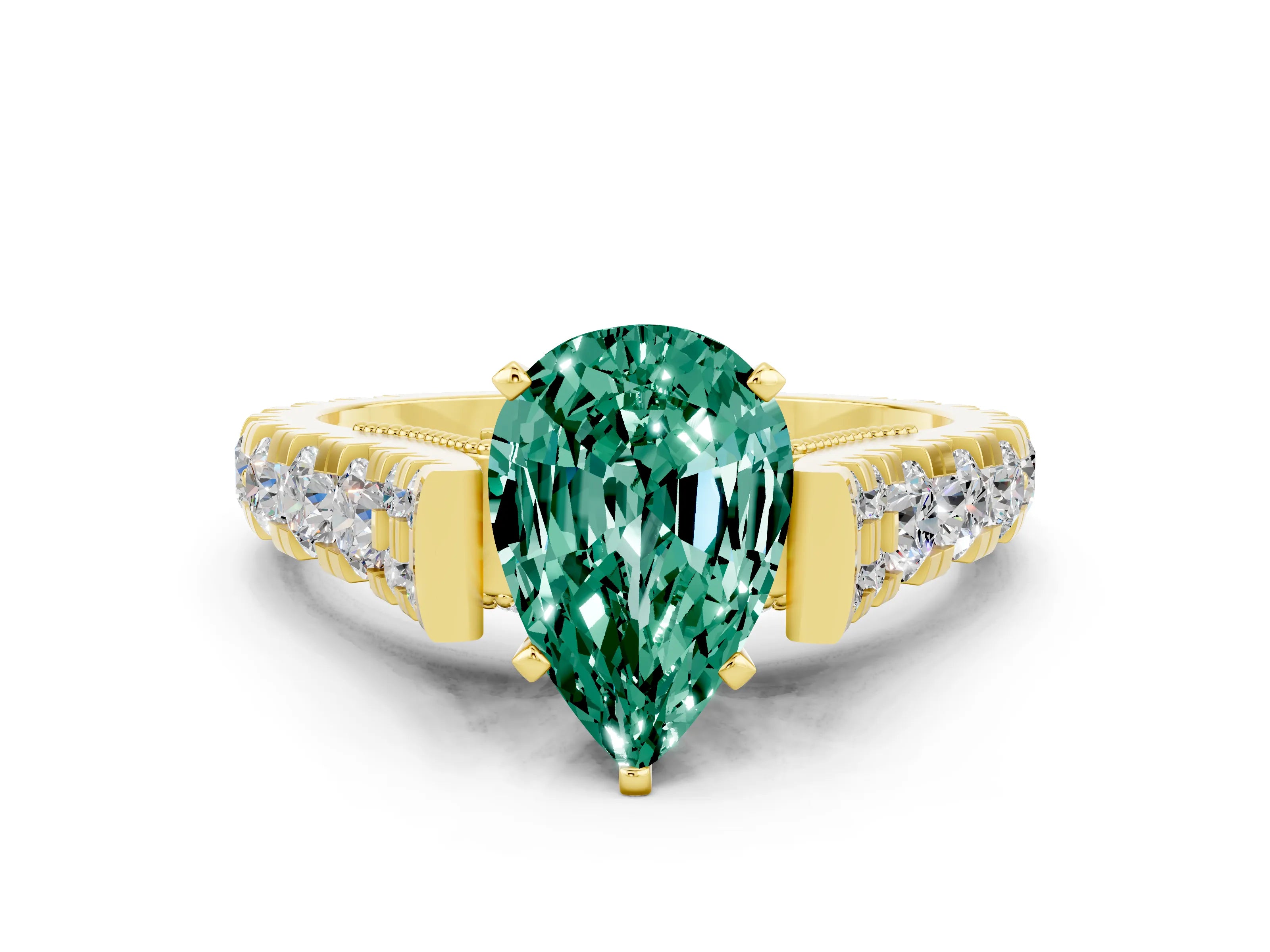 Yellow gold Pear Cut Green Sapphire Classic Solitaire Ring with Pavé Band and Four-Prong Setting