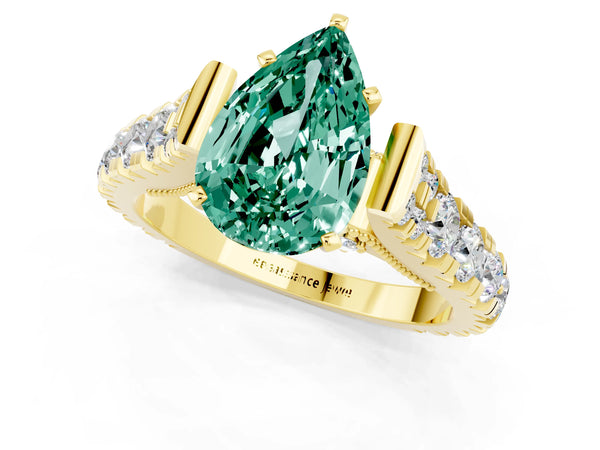 Yellow gold Pear Cut Green Sapphire Classic Solitaire Ring with Pavé Band and Four-Prong Setting