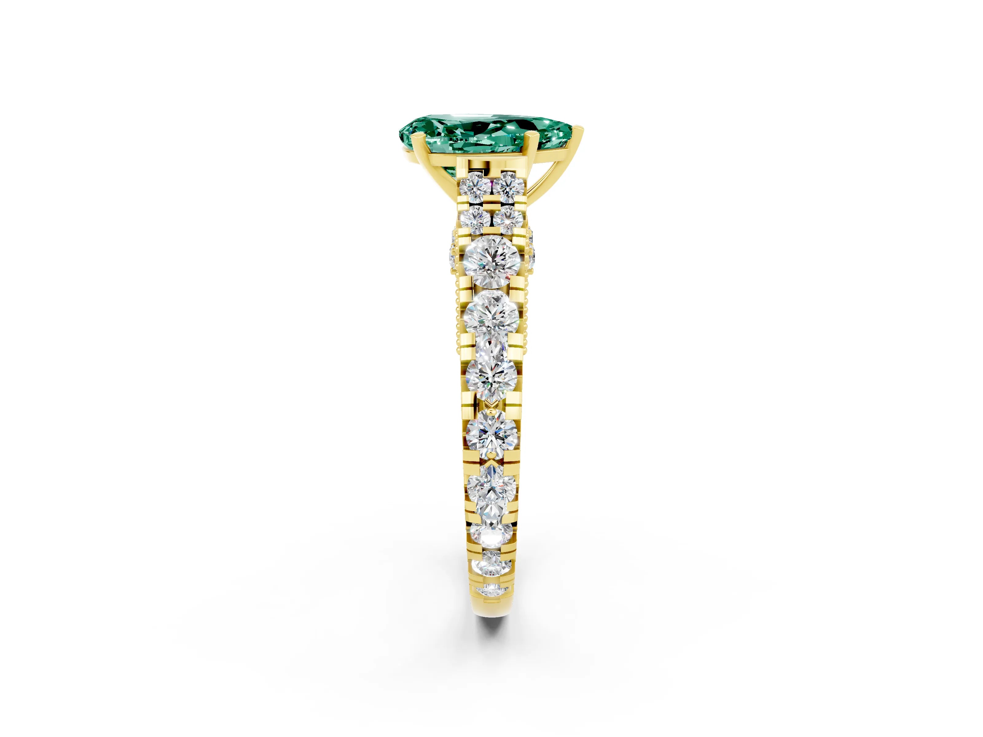 Yellow gold Pear Cut Green Sapphire Classic Solitaire Ring with Pavé Band and Four-Prong Setting_2