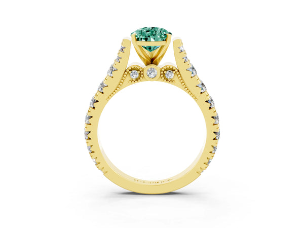 Yellow gold Pear Cut Green Sapphire Classic Solitaire Ring with Pavé Band and Four-Prong Setting