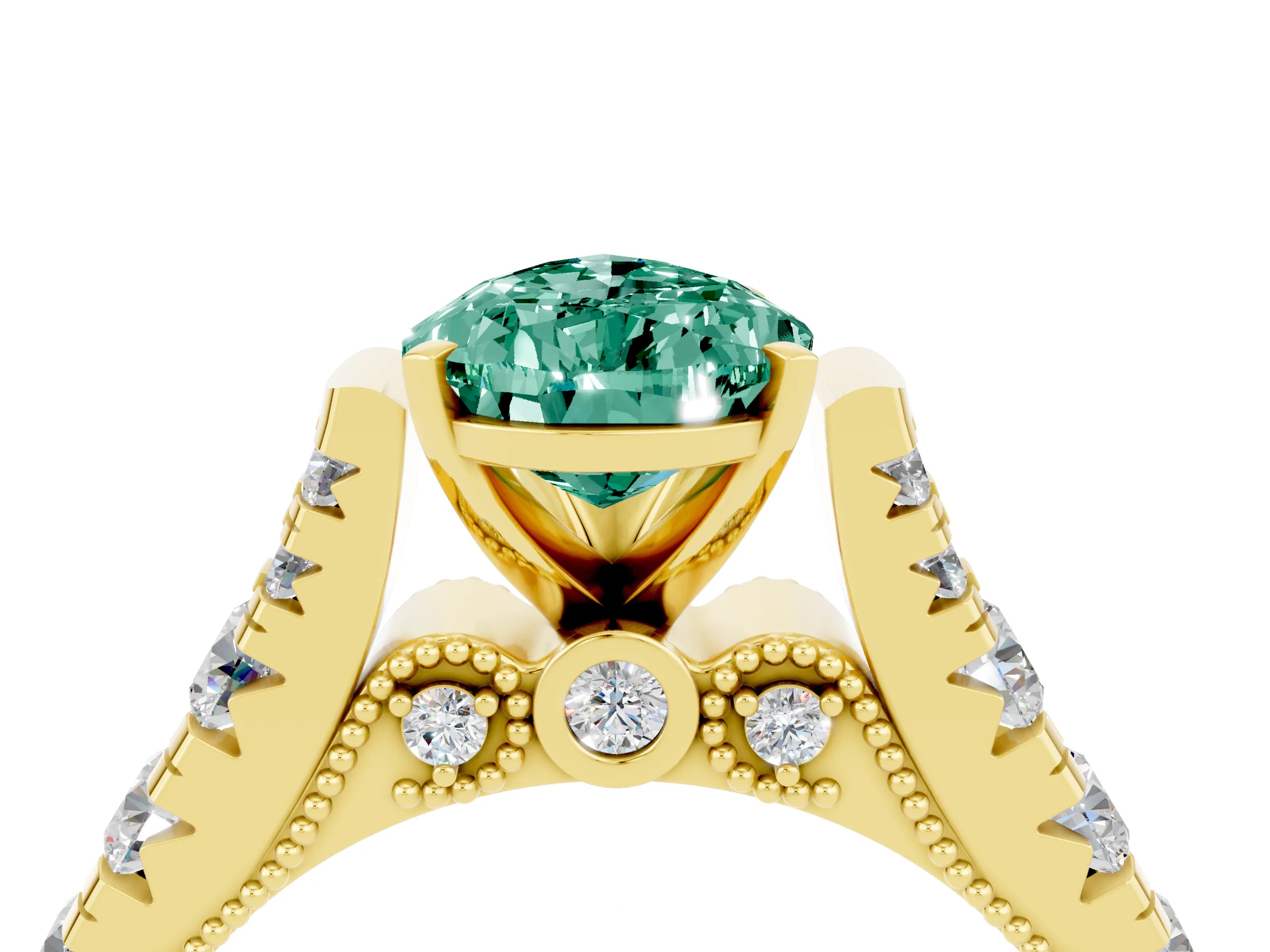 Yellow gold Pear Cut Green Sapphire Classic Solitaire Ring with Pavé Band and Four-Prong Setting_4