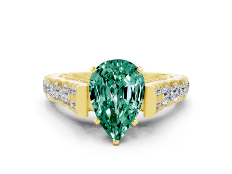 Yellow gold Pear Cut Green Sapphire Classic Solitaire Ring with Pavé Band and Four-Prong Setting