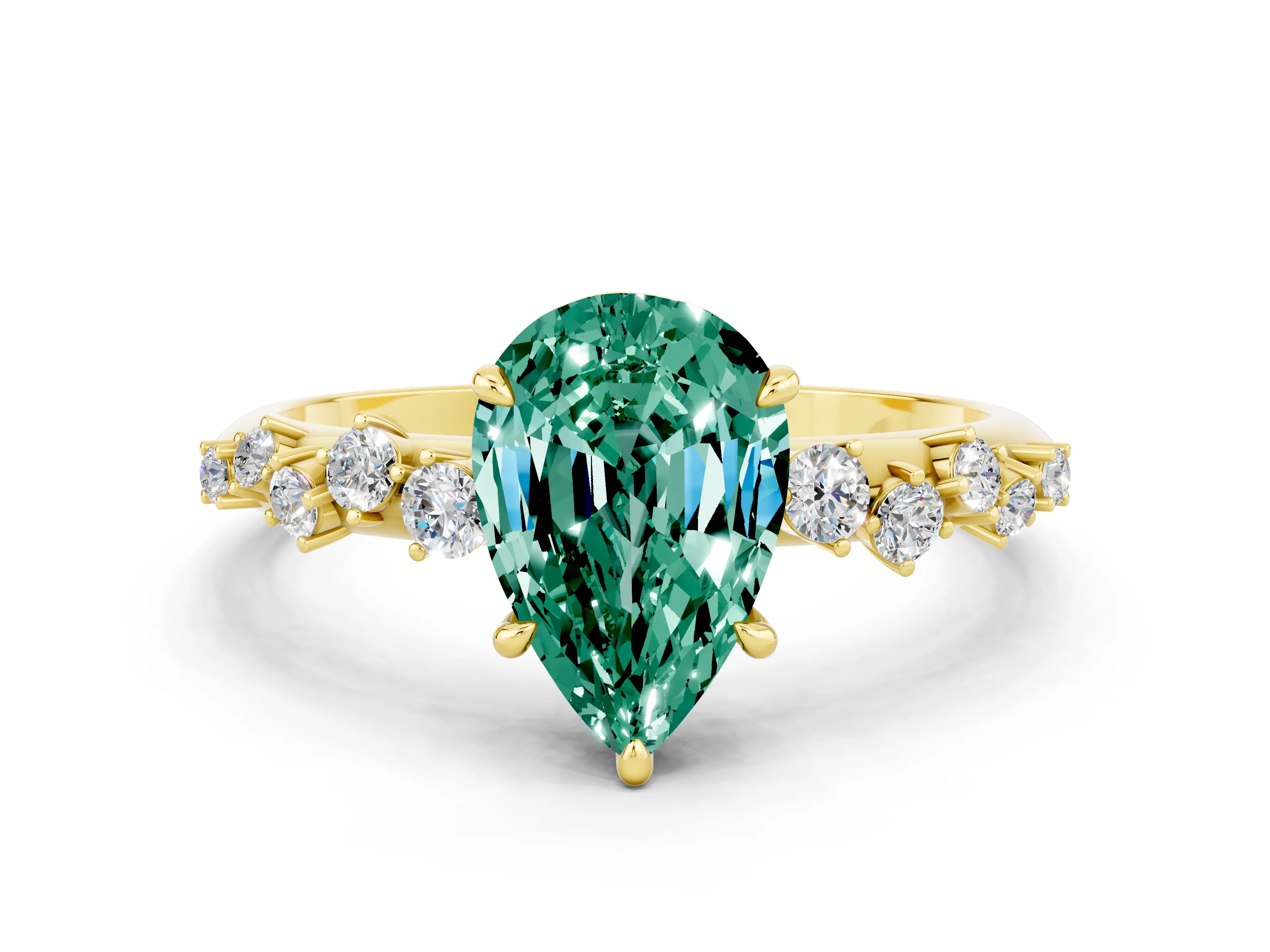 Yellow gold Pear Cut Green Sapphire Cluster Side Stone Solitaire Ring with Prong Setting_24