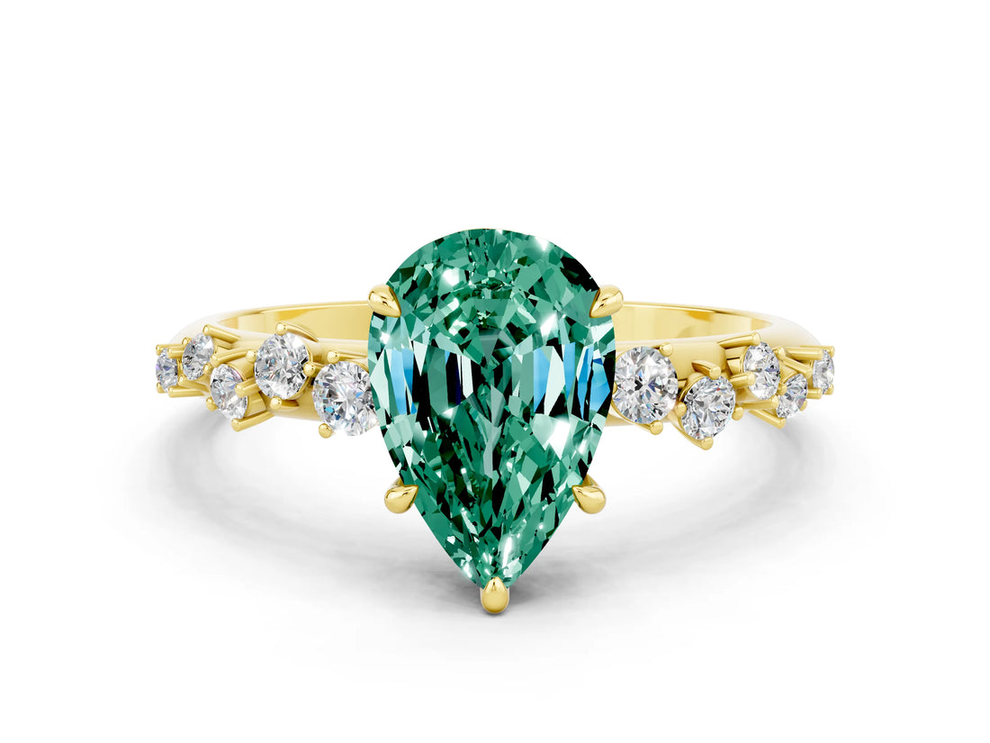 Yellow gold Pear Cut Green Sapphire Cluster Side Stone Solitaire Ring with Prong Setting_24