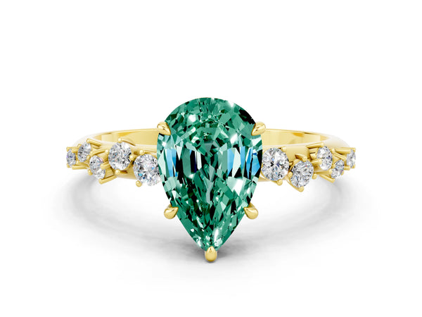 Yellow gold Pear Cut Green Sapphire Cluster Side Stone Solitaire Ring with Prong Setting