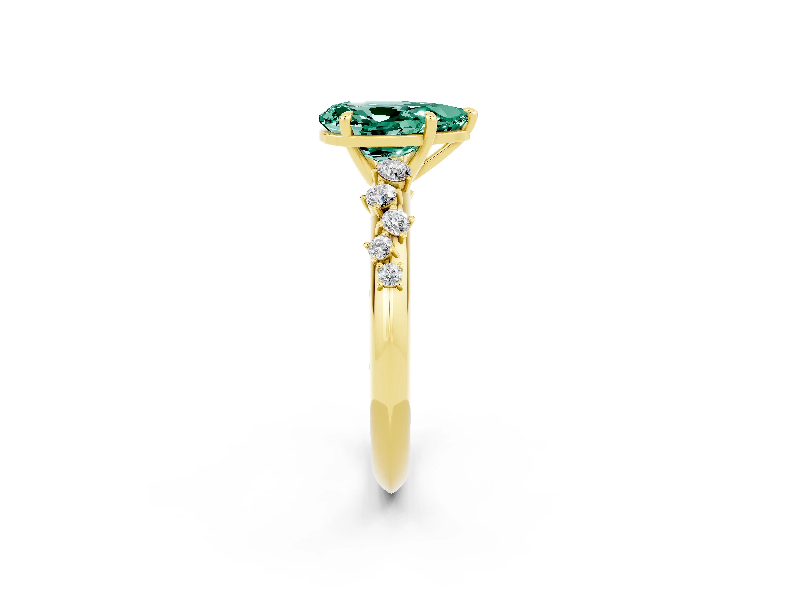 Yellow gold Pear Cut Green Sapphire Cluster Side Stone Solitaire Ring with Prong Setting_26