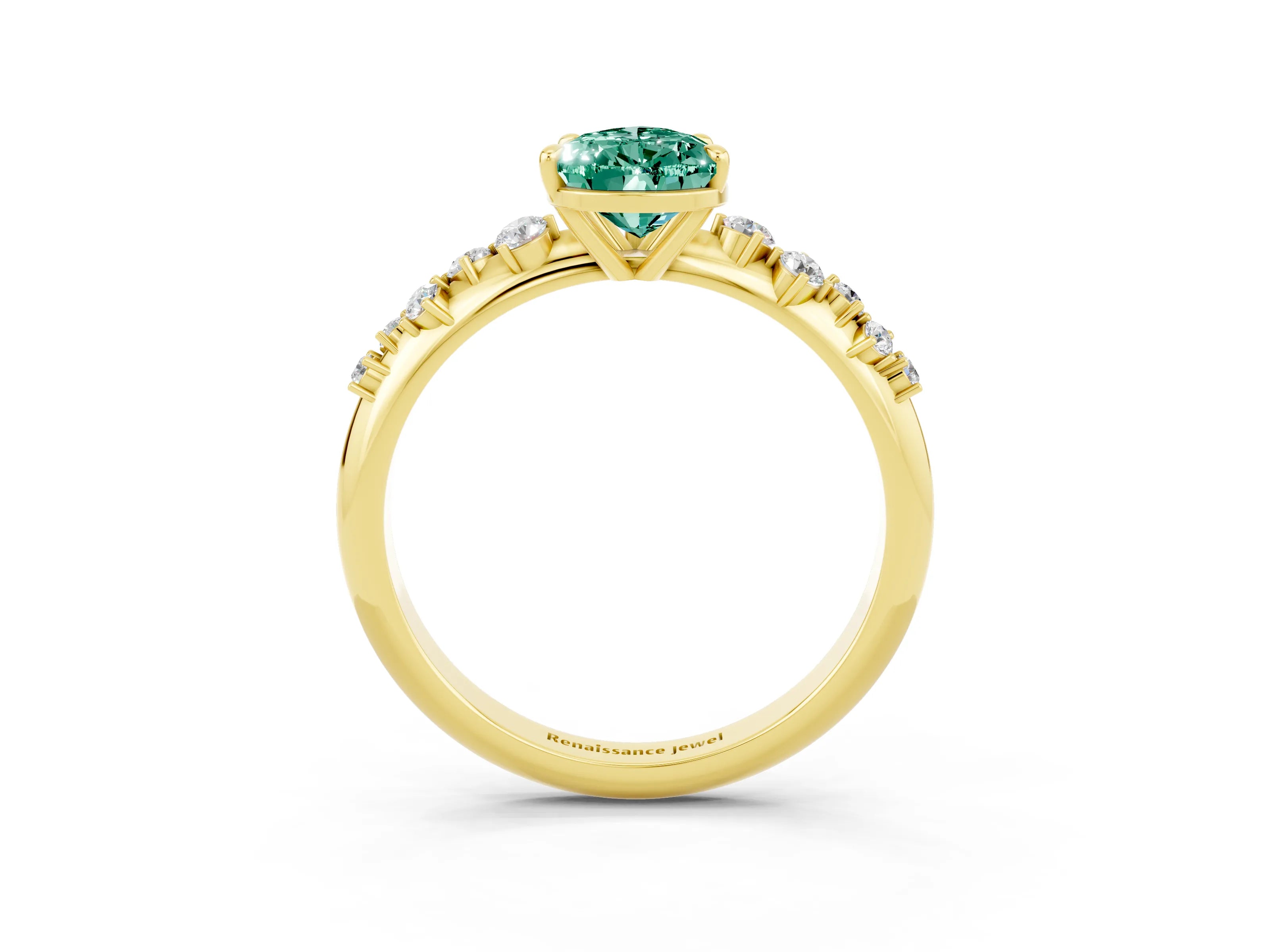 Yellow gold Pear Cut Green Sapphire Cluster Side Stone Solitaire Ring with Prong Setting_27