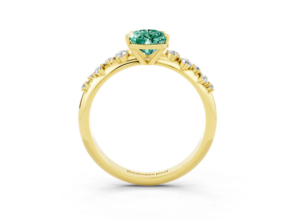 Yellow gold Pear Cut Green Sapphire Cluster Side Stone Solitaire Ring with Prong Setting