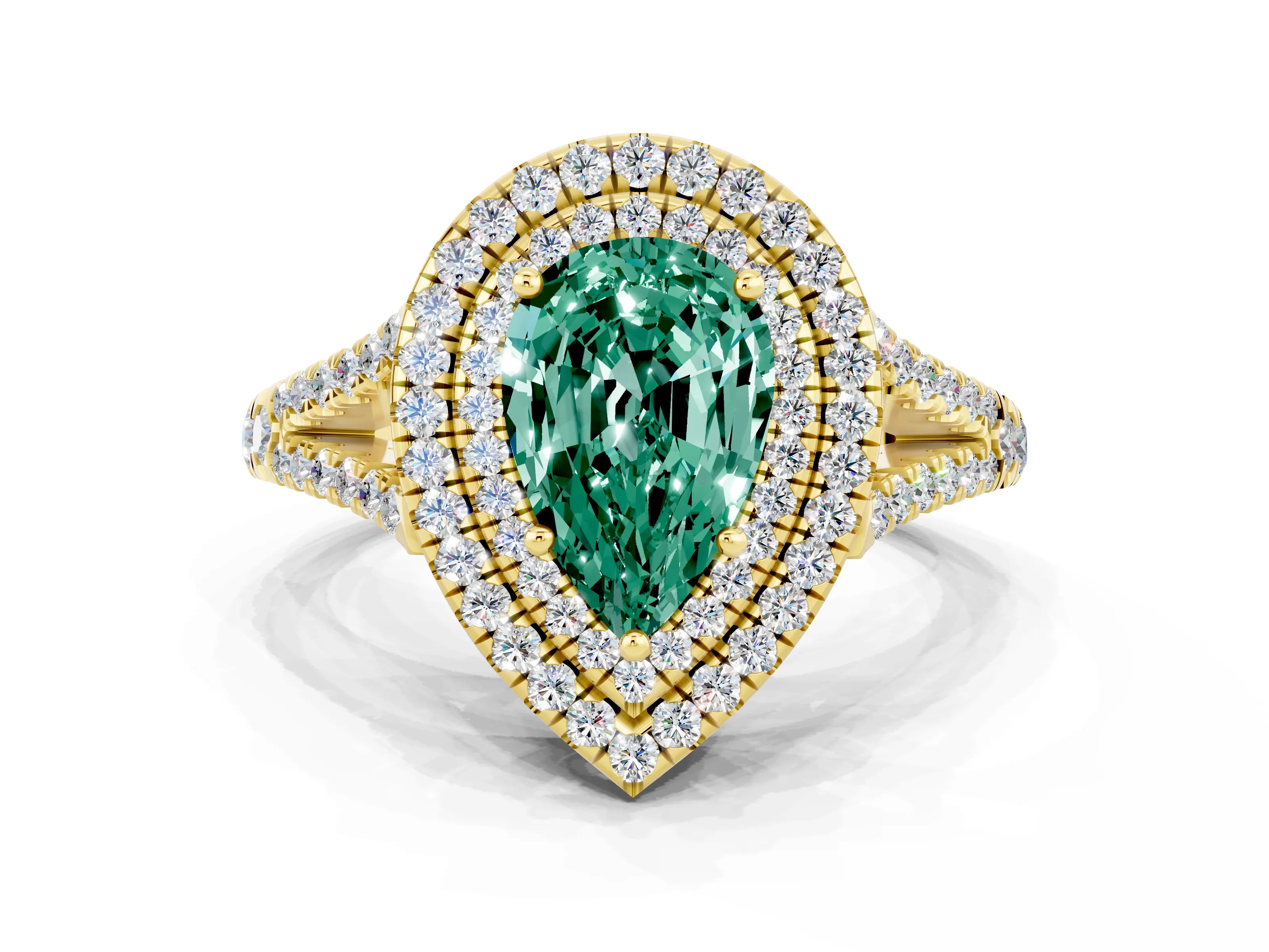 Yellow gold Pear Cut Green Sapphire Double Halo Ring with Pavé Band and Prong Setting_12