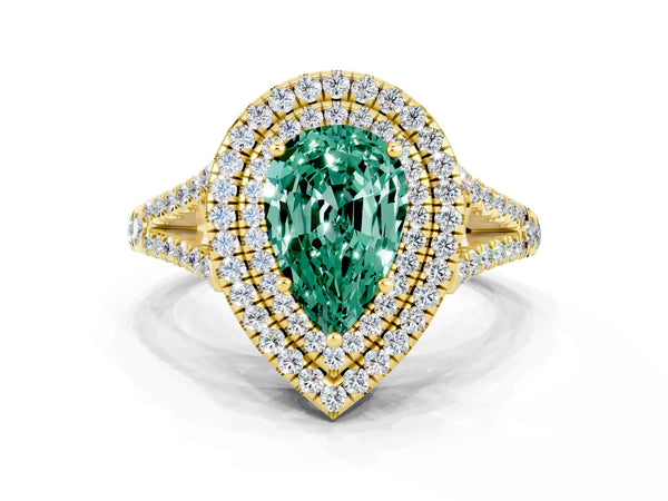 Yellow gold Pear Cut Green Sapphire Double Halo Ring with Pavé Band and Prong Setting