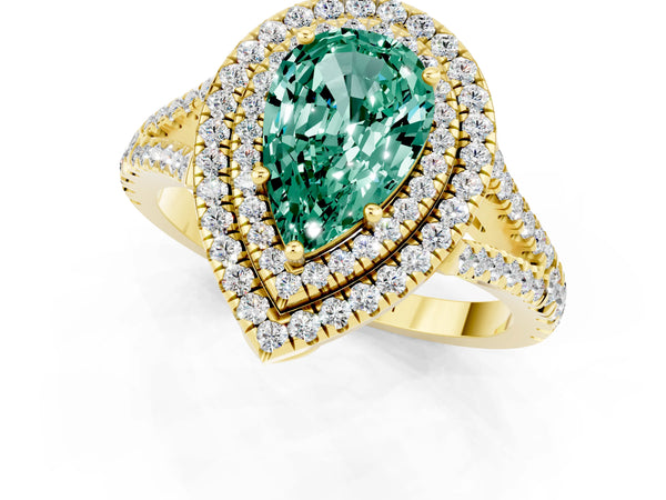Yellow gold Pear Cut Green Sapphire Double Halo Ring with Pavé Band and Prong Setting