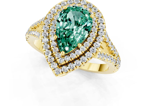 Yellow gold Pear Cut Green Sapphire Double Halo Ring with Pavé Band and Prong Setting_13