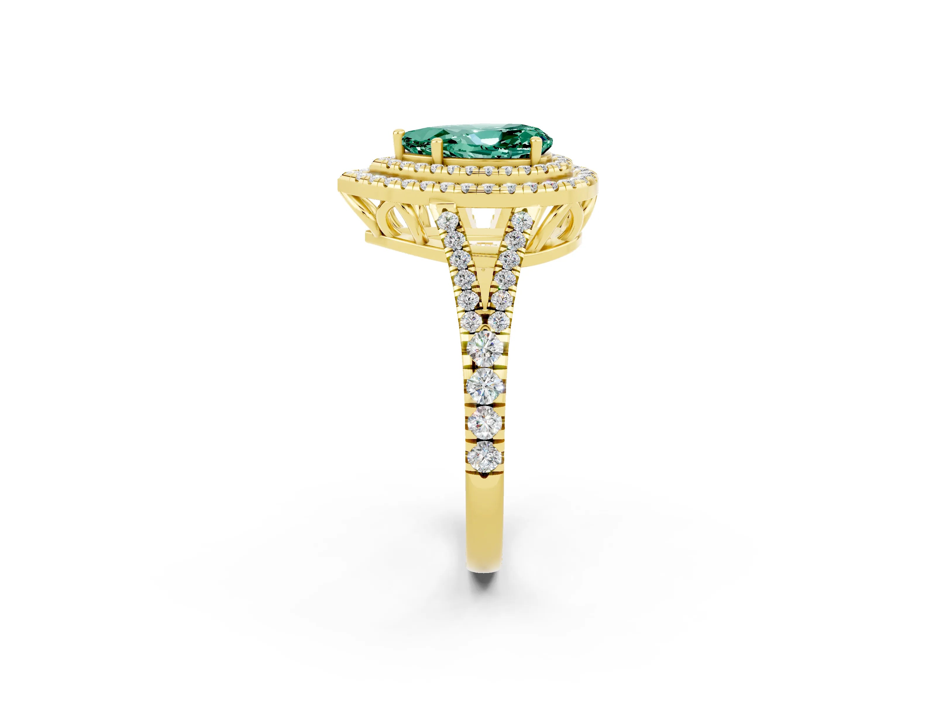 Yellow gold Pear Cut Green Sapphire Double Halo Ring with Pavé Band and Prong Setting_14
