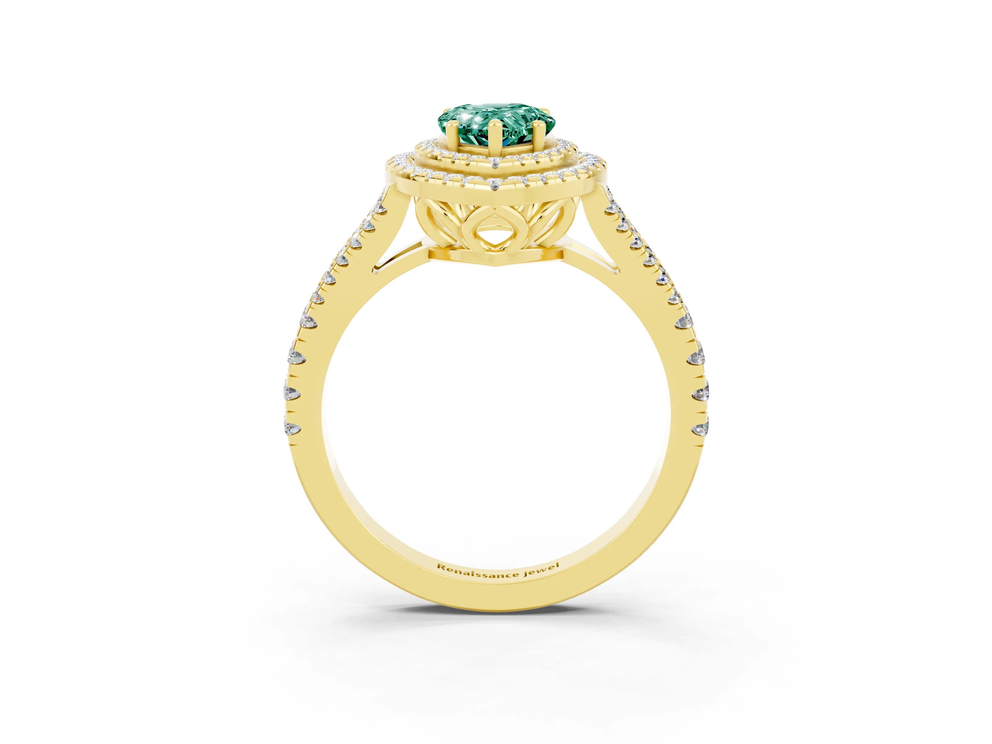 Yellow gold Pear Cut Green Sapphire Double Halo Ring with Pavé Band and Prong Setting_15