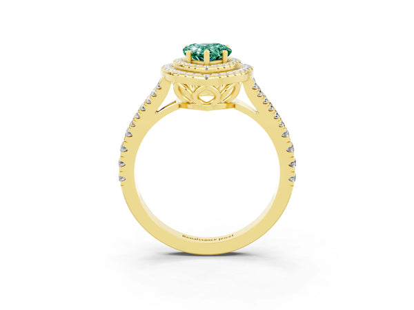 Yellow gold Pear Cut Green Sapphire Double Halo Ring with Pavé Band and Prong Setting