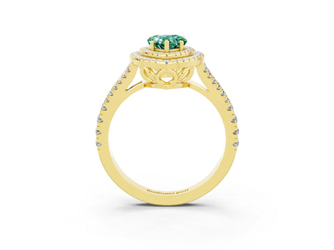 Yellow gold Pear Cut Green Sapphire Double Halo Ring with Pavé Band and Prong Setting_15
