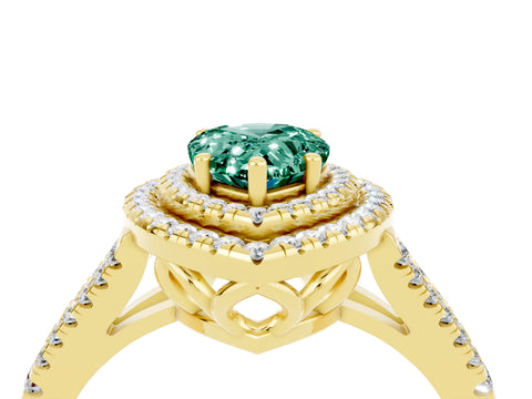 Yellow gold Pear Cut Green Sapphire Double Halo Ring with Pavé Band and Prong Setting_16