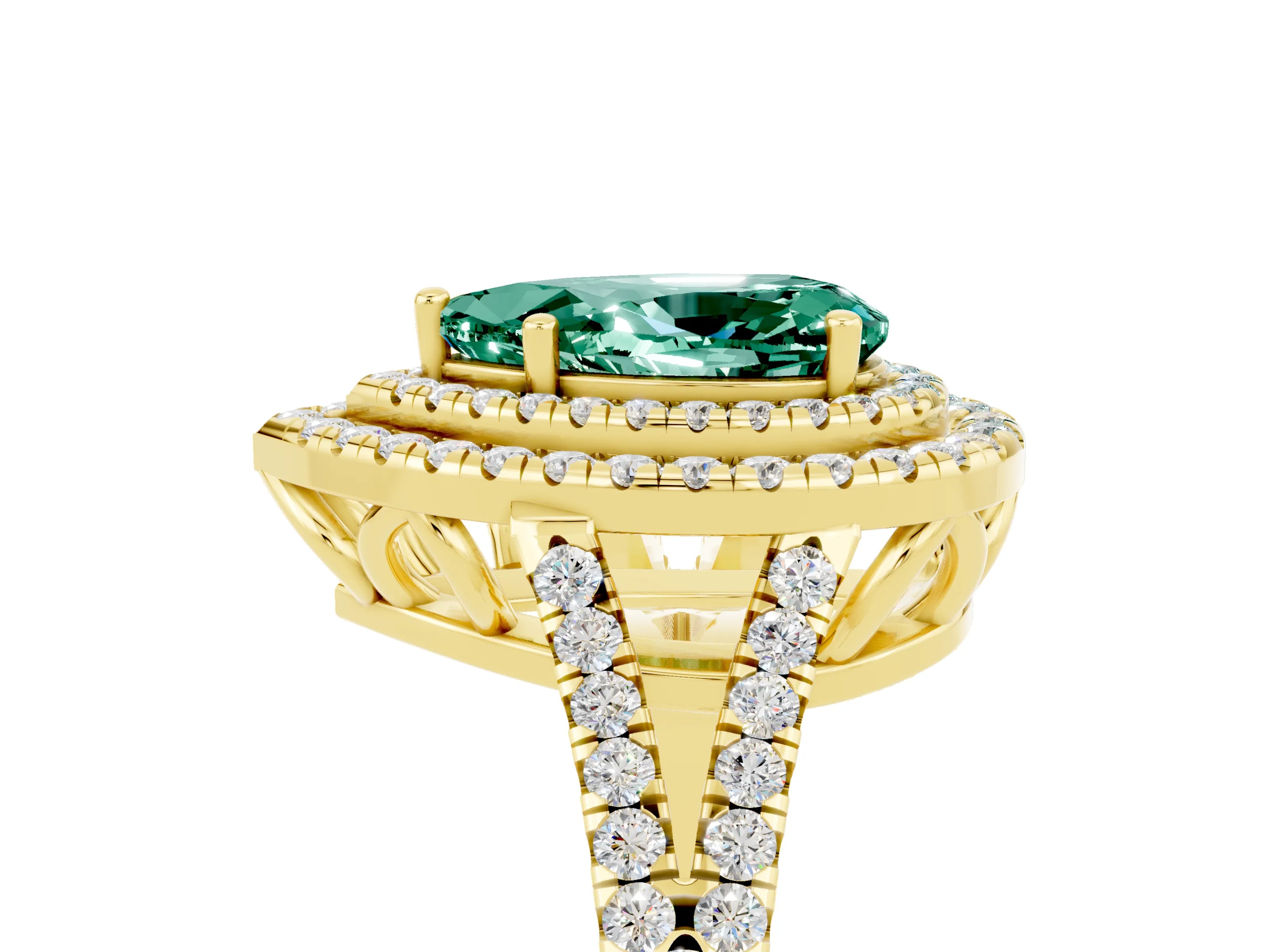 Yellow gold Pear Cut Green Sapphire Double Halo Ring with Pavé Band and Prong Setting_17