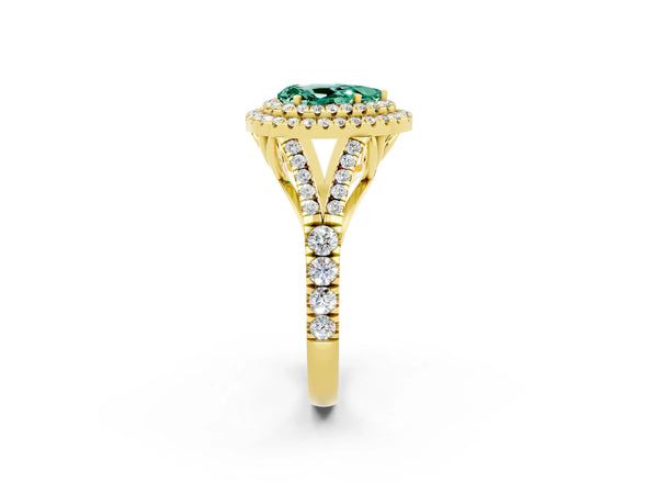 Yellow gold Pear Cut Green Sapphire Double Halo Ring with Split Shank and Prong Setting
