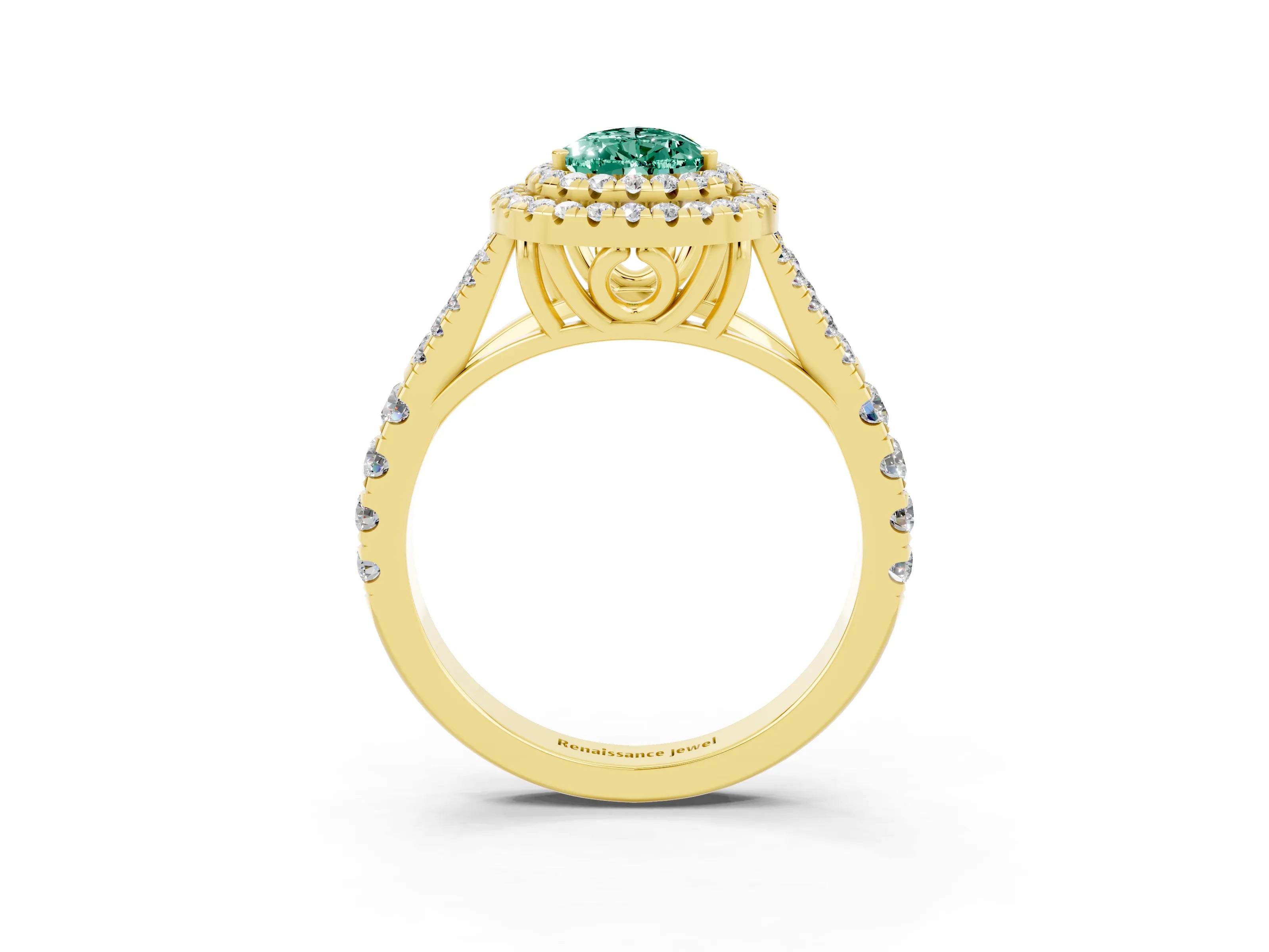 Yellow gold Pear Cut Green Sapphire Double Halo Ring with Split Shank and Prong Setting_15