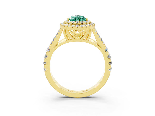 Yellow gold Pear Cut Green Sapphire Double Halo Ring with Split Shank and Prong Setting