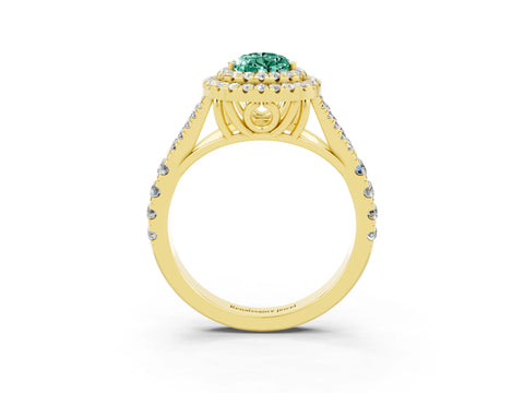 Yellow gold Pear Cut Green Sapphire Double Halo Ring with Split Shank and Prong Setting_15