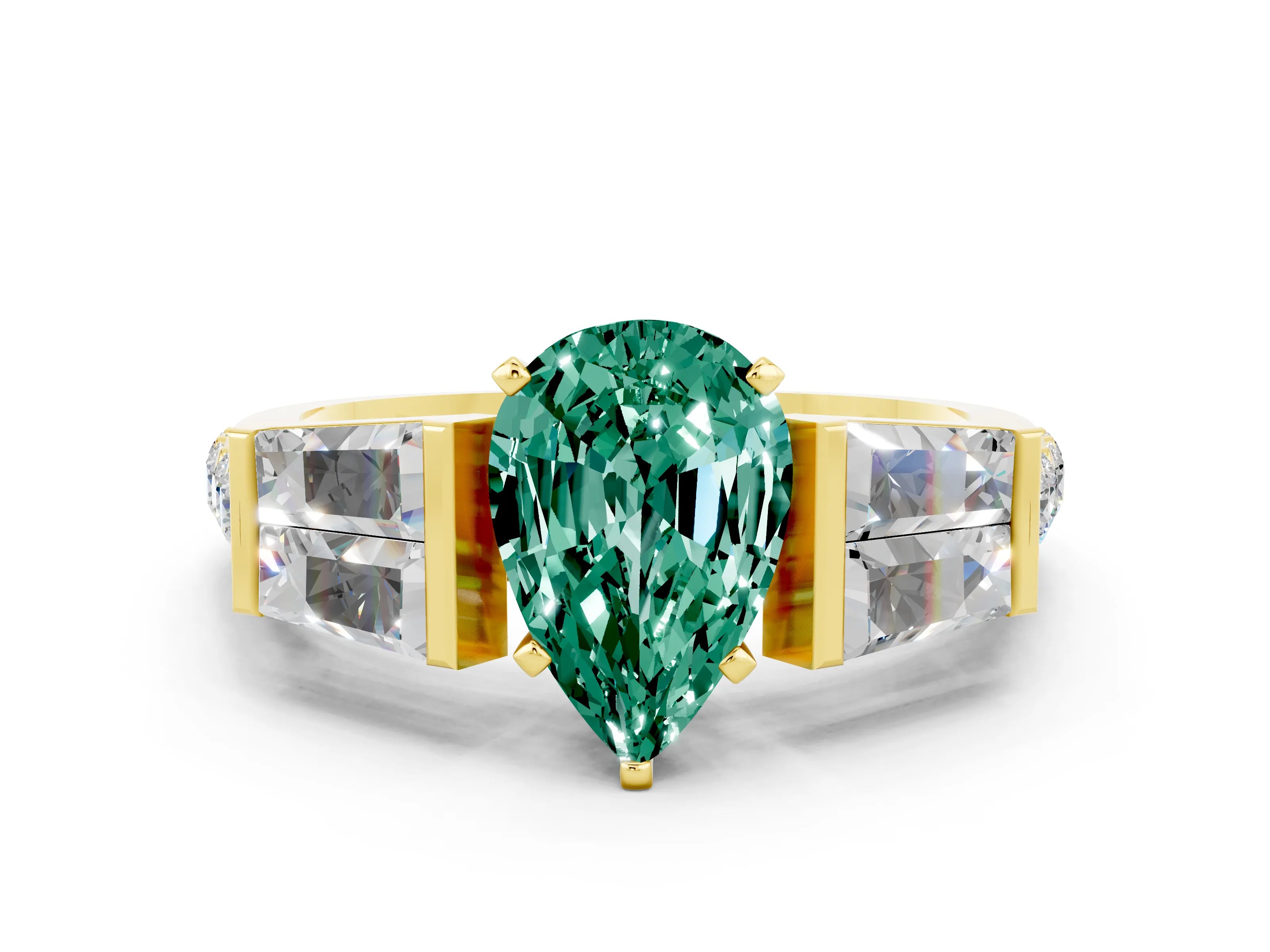 Yellow gold Pear Cut Green Sapphire Engagement Ring with Baguette Side Stones and Channel Set Band