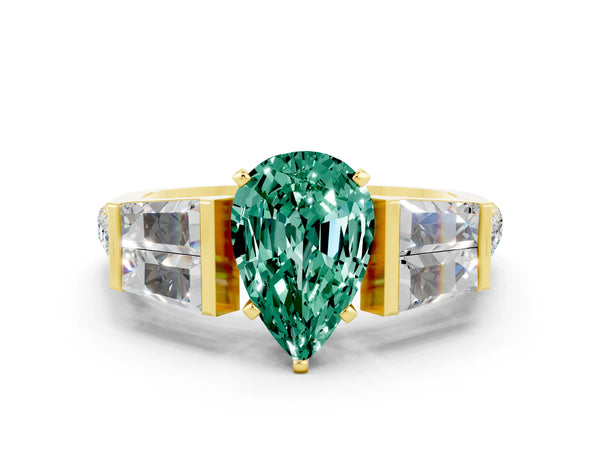 Yellow gold Pear Cut Green Sapphire Engagement Ring with Baguette Side Stones and Channel Set Band