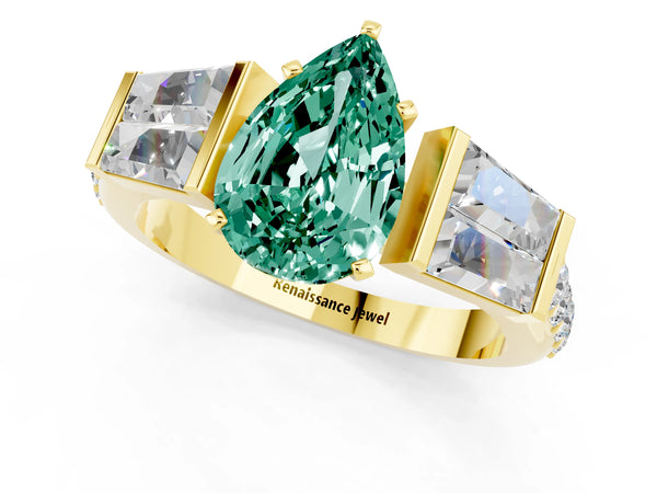 Yellow gold Pear Cut Green Sapphire Engagement Ring with Baguette Side Stones and Channel Set Band