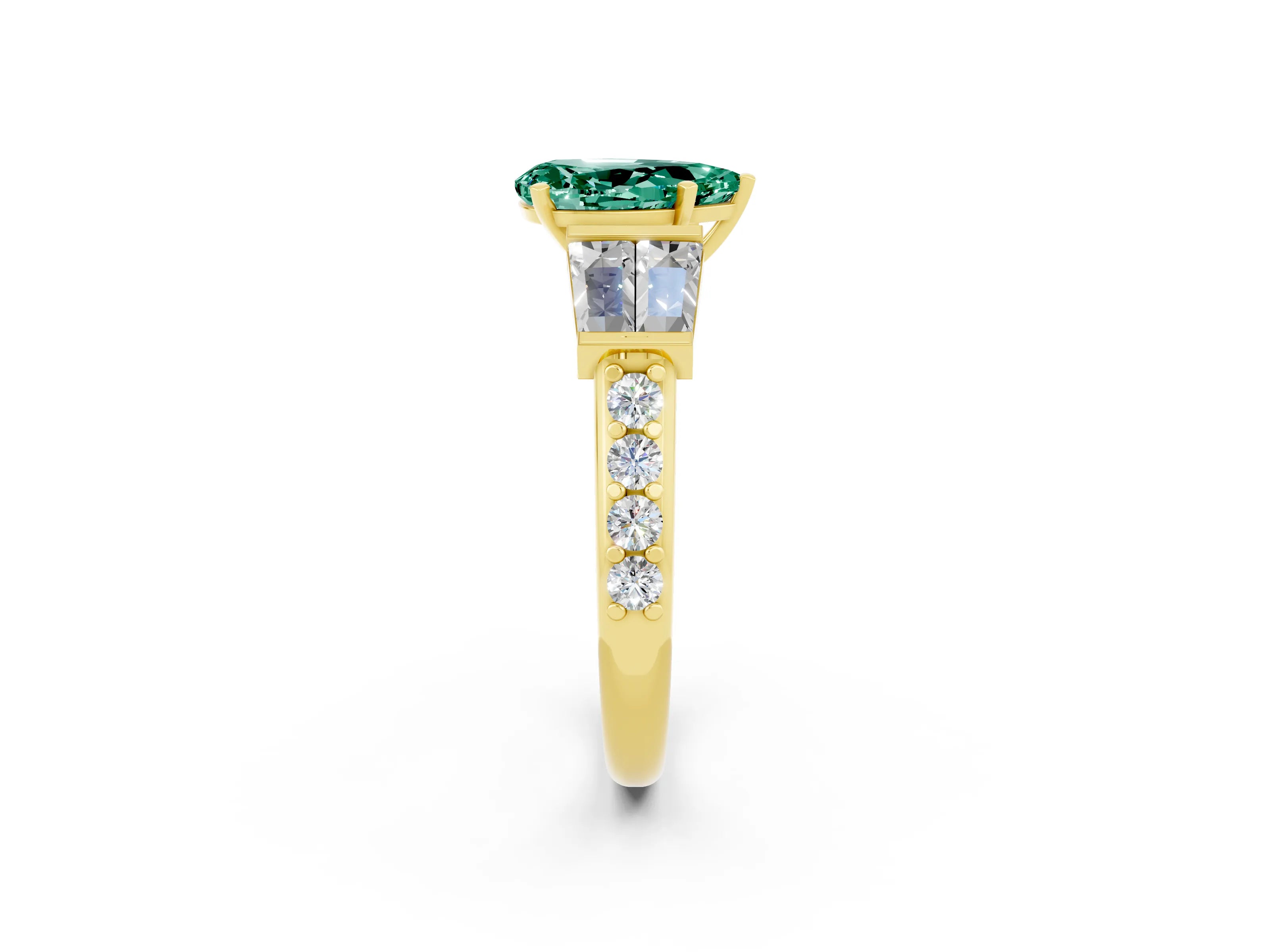 Yellow gold Pear Cut Green Sapphire Engagement Ring with Baguette Side Stones and Channel Set Band_2