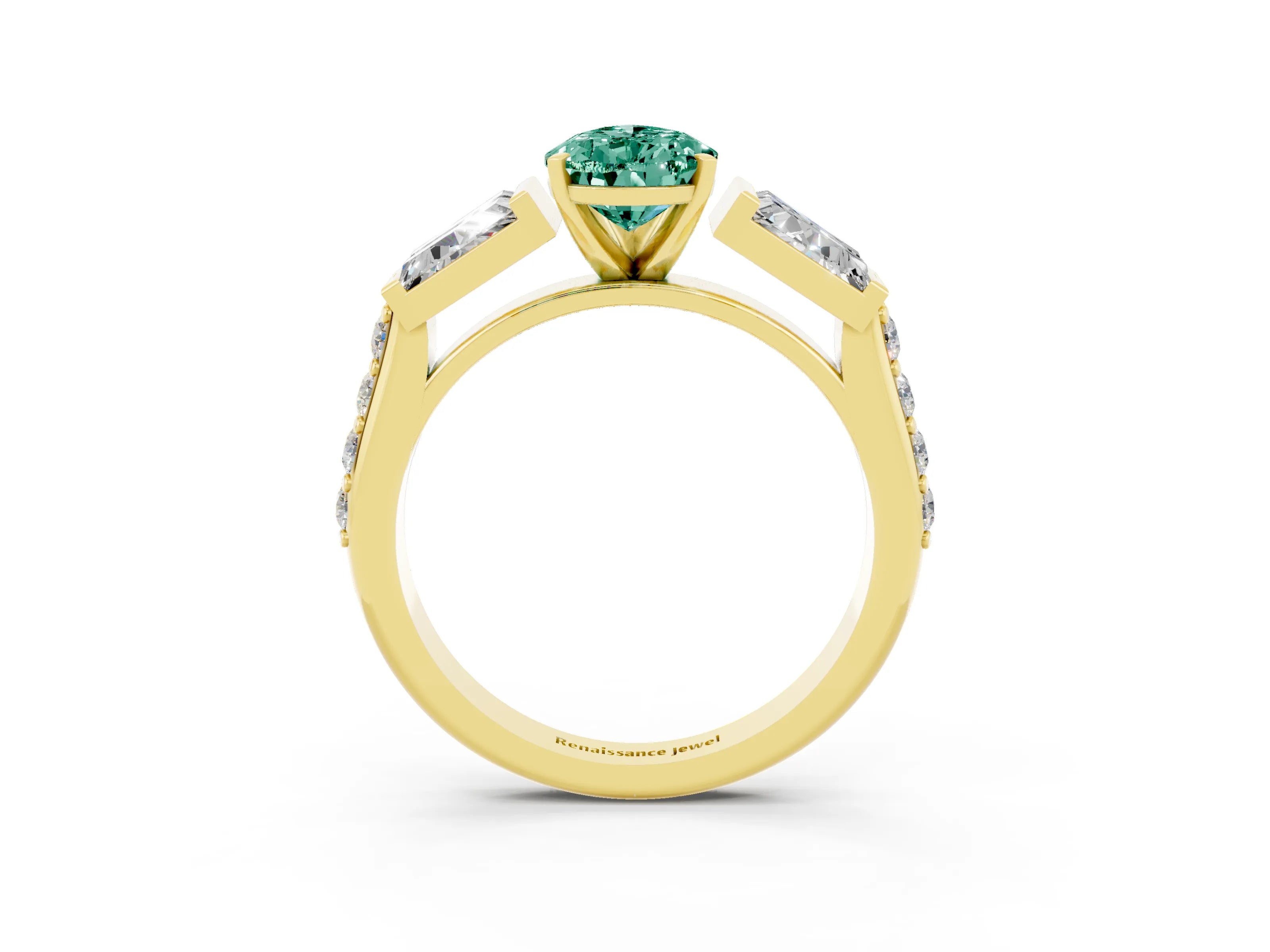 Yellow gold Pear Cut Green Sapphire Engagement Ring with Baguette Side Stones and Channel Set Band_3
