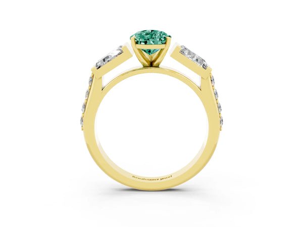 Yellow gold Pear Cut Green Sapphire Engagement Ring with Baguette Side Stones and Channel Set Band