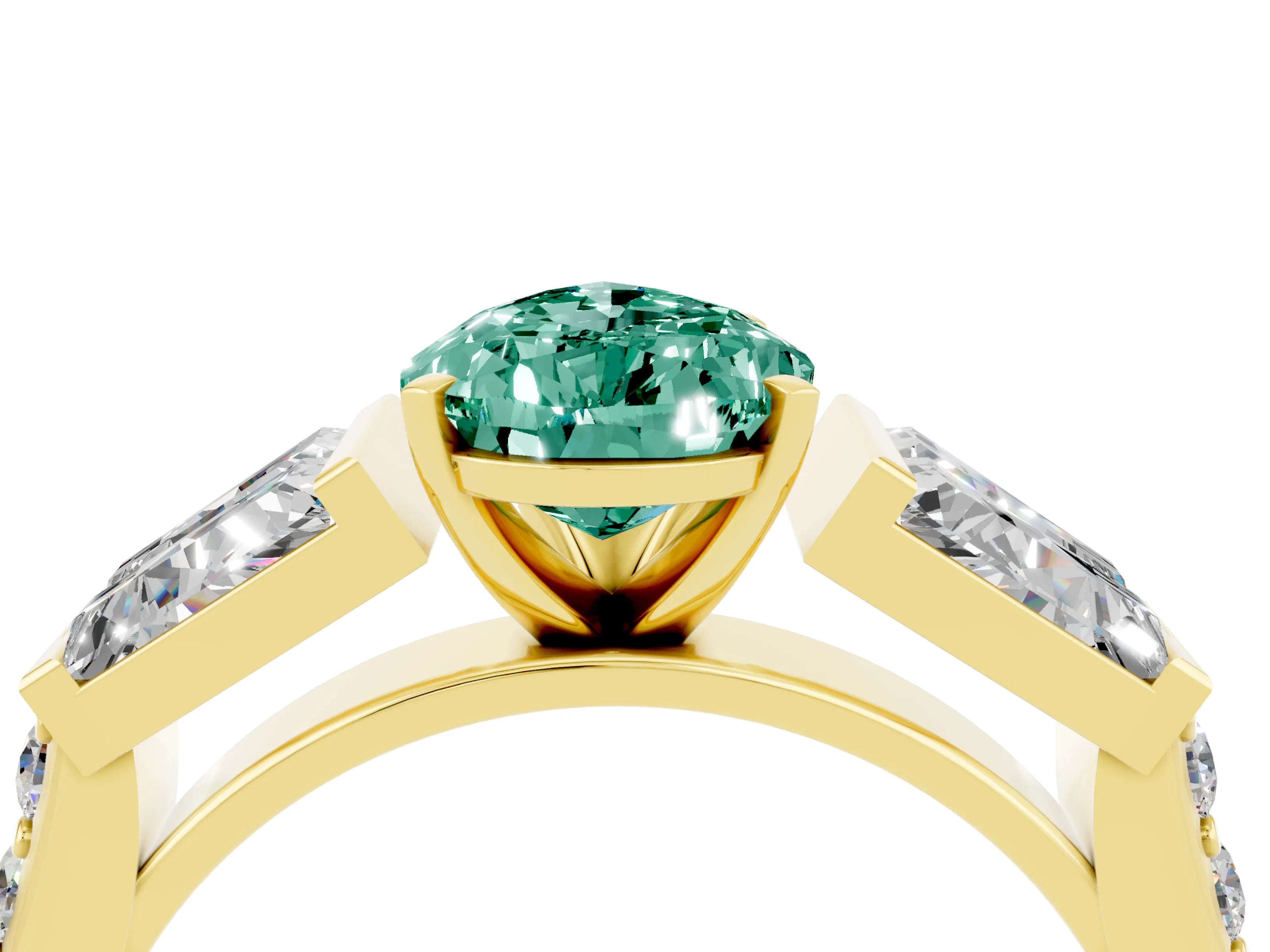 Yellow gold Pear Cut Green Sapphire Engagement Ring with Baguette Side Stones and Channel Set Band_4