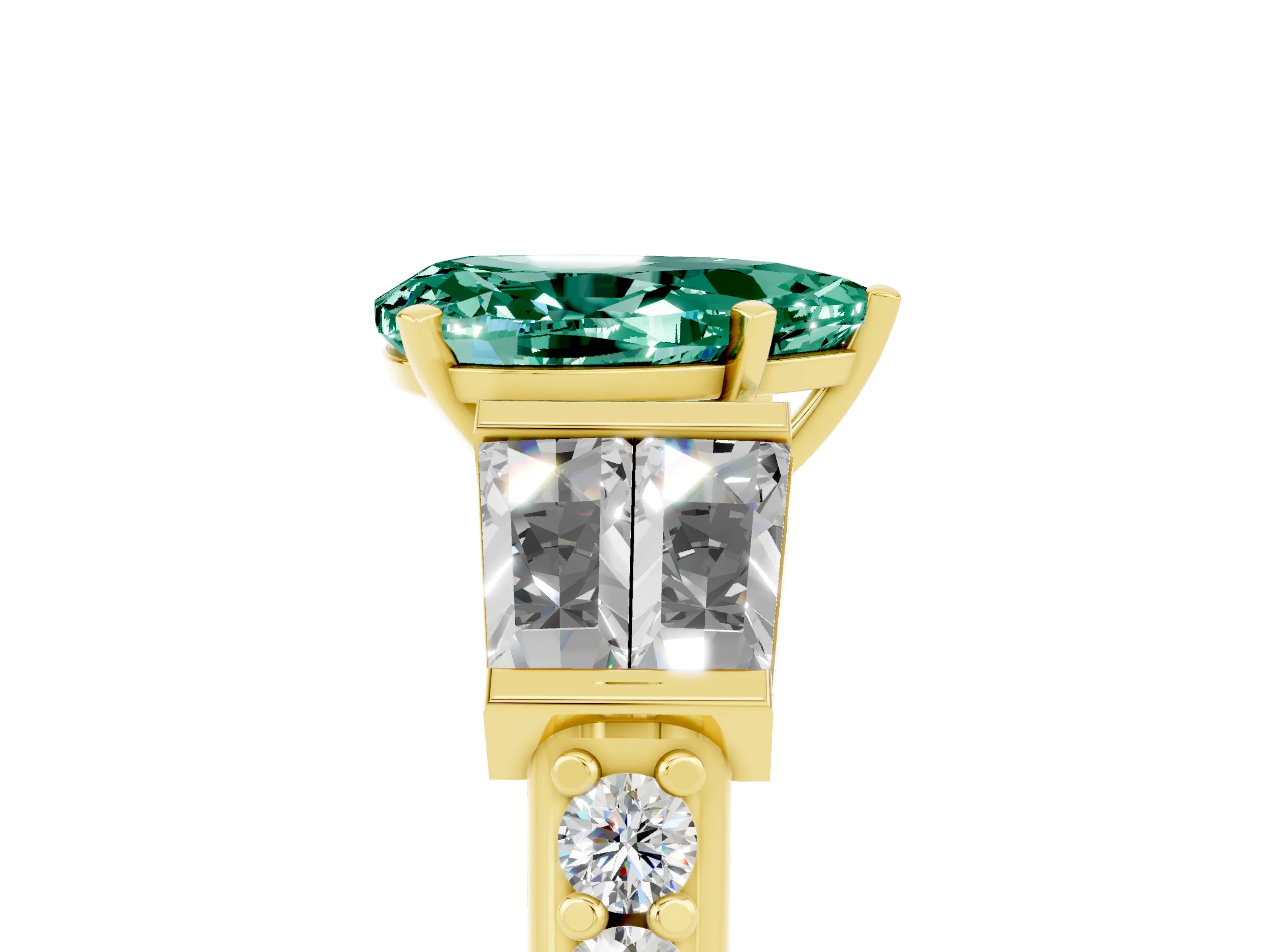 Yellow gold Pear Cut Green Sapphire Engagement Ring with Baguette Side Stones and Channel Set Band_5