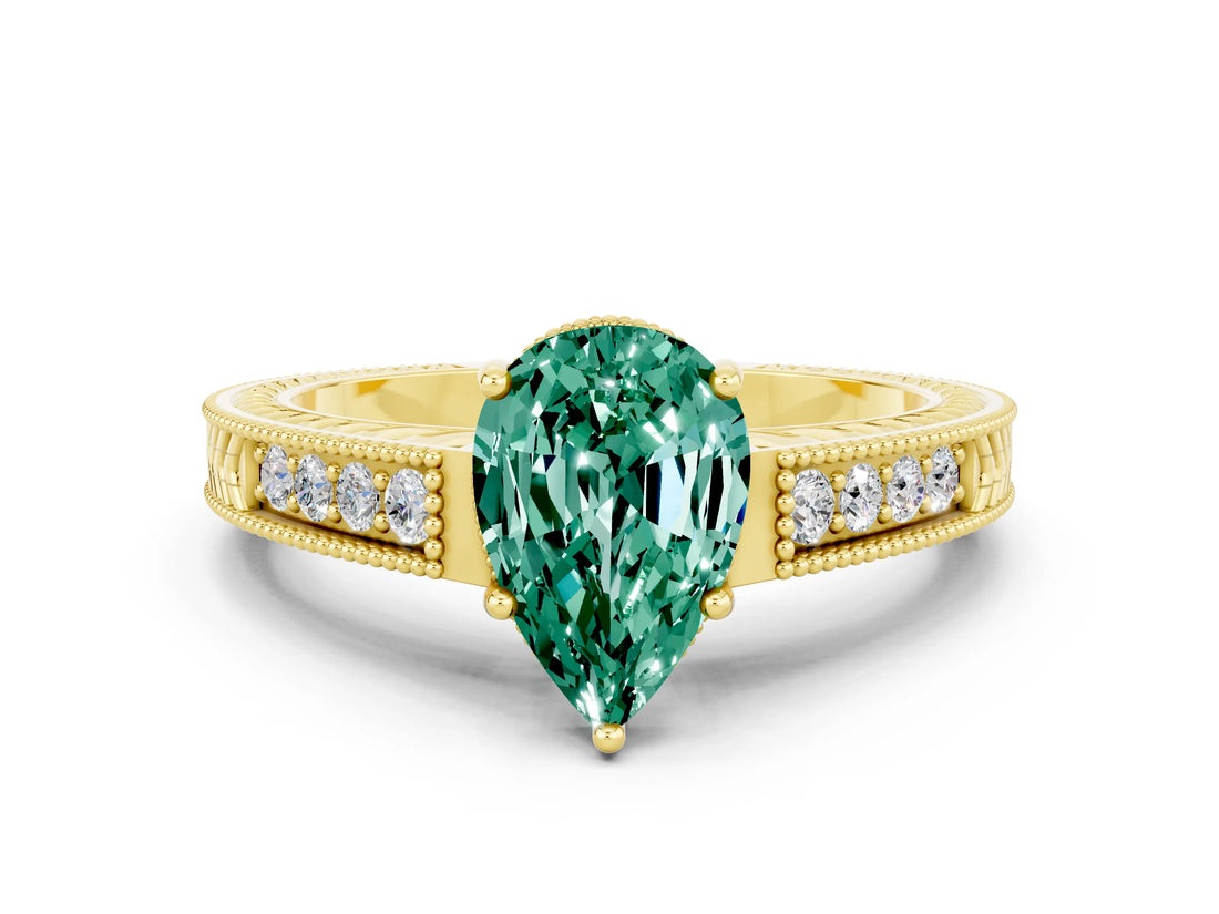 Yellow gold Pear Cut Green Sapphire Engagement Ring with Milgrain Channel Set Band and Prong Setting