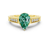 Yellow gold Pear Cut Green Sapphire Engagement Ring with Milgrain Channel Set Band and Prong Setting