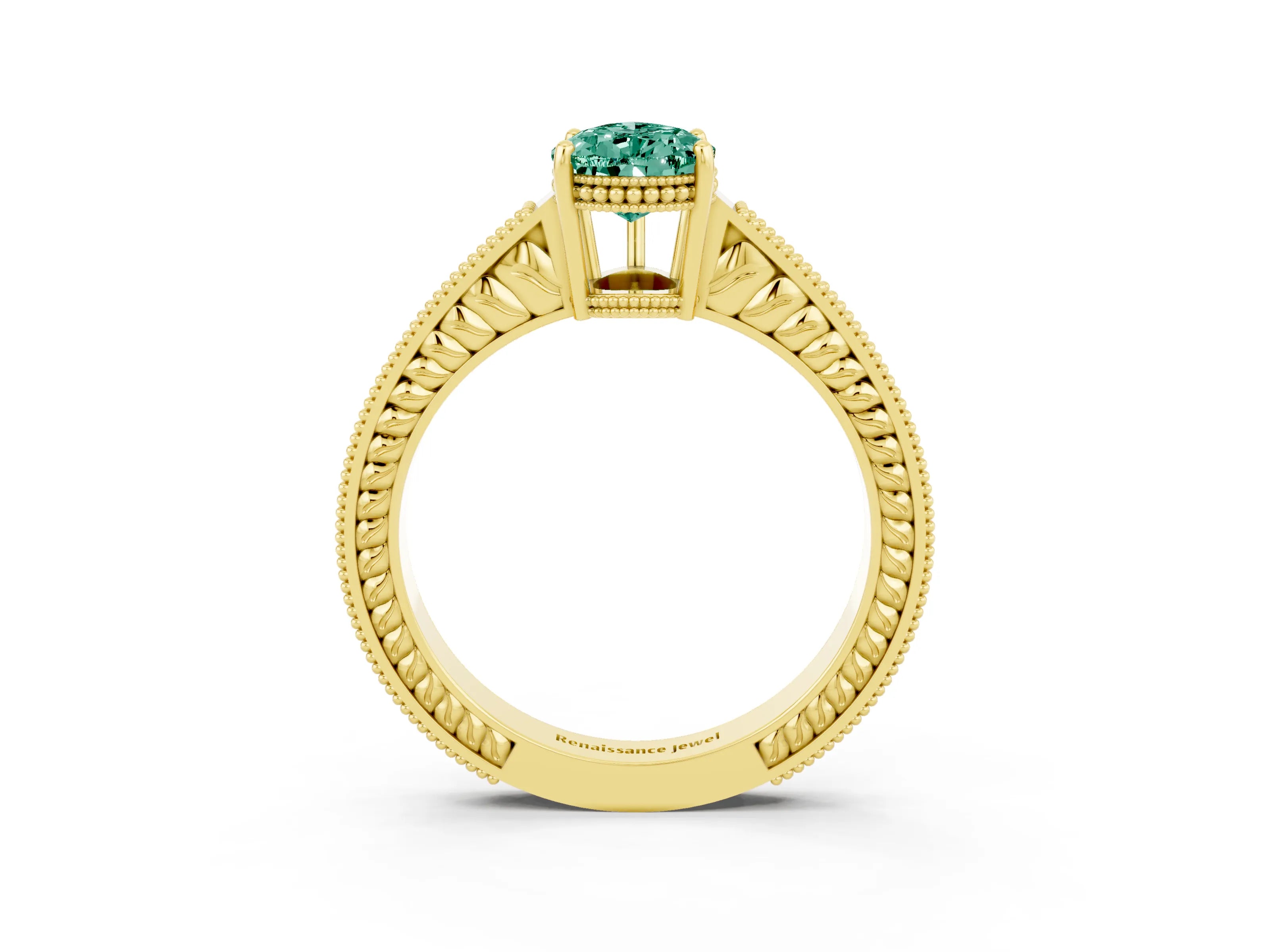 Yellow gold Pear Cut Green Sapphire Engagement Ring with Milgrain Channel Set Band and Prong Setting_3