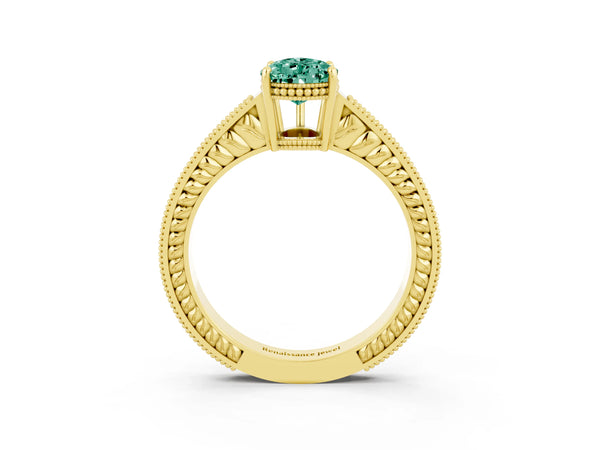 Yellow gold Pear Cut Green Sapphire Engagement Ring with Milgrain Channel Set Band and Prong Setting