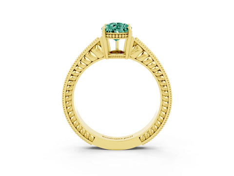 Yellow gold Pear Cut Green Sapphire Engagement Ring with Milgrain Channel Set Band and Prong Setting_3